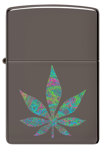 Front view of Zippo Funky Cannabis Design Black Ice Windproof Lighter.