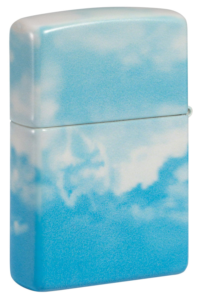 Cloudy Sky Design 540 Color Windproof Lighter with its lid open and lit.