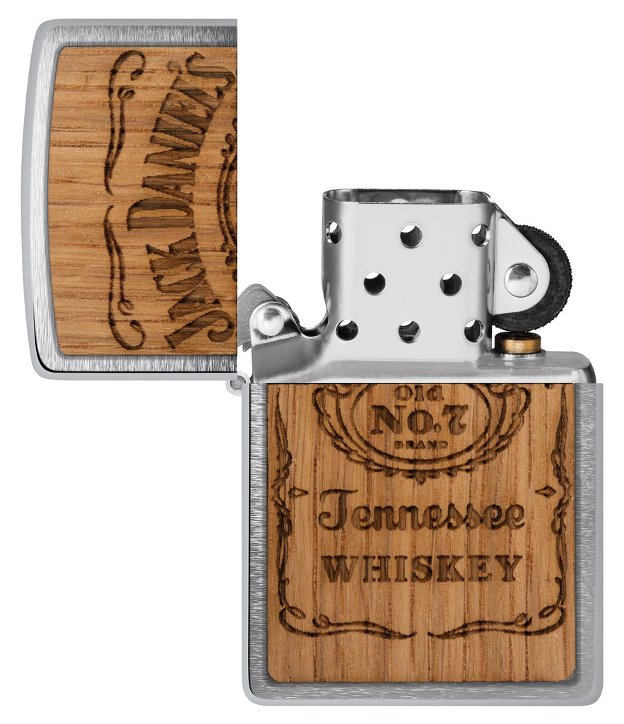 Zippo Jack Daniel's Woodchuck USA Brushed Chrome Windproof Lighter with its lid open and unlit.