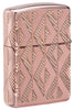 Back shot of Geometric Diamond Pattern Design Armor® Rose Gold Windproof Lighter standing at a 3/4 angle.