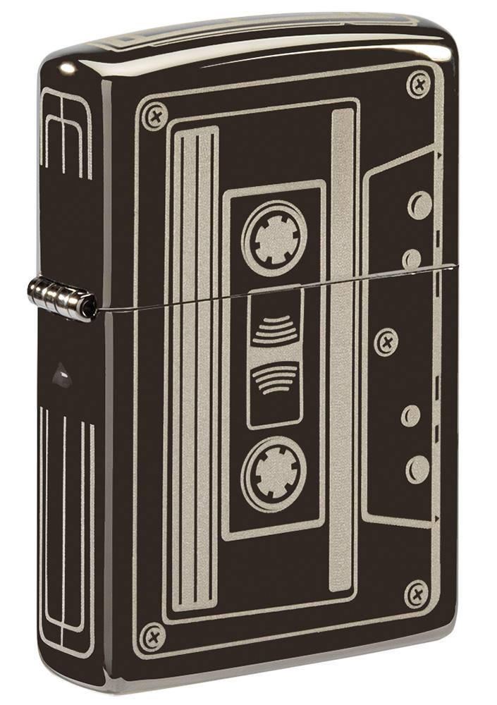 Front view of Cassette Tape Black IceÂ® Windproof Lighter standing at a 3/4 angle