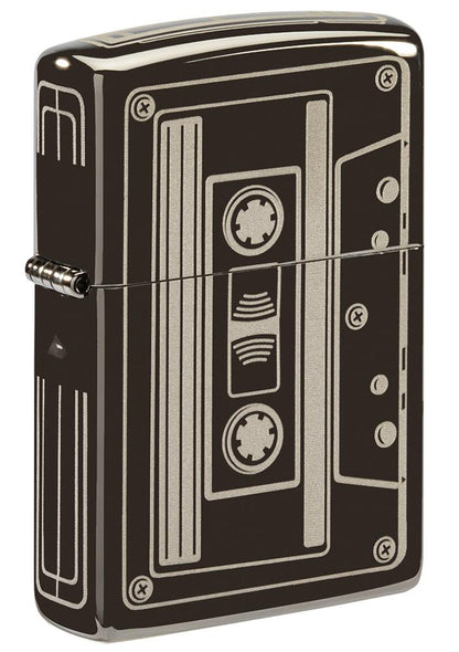 Front view of Cassette Tape Black IceÂ® Windproof Lighter standing at a 3/4 angle
