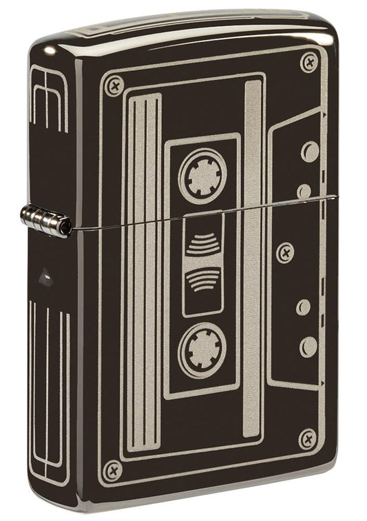 Front view of Cassette Tape Black IceÂ® Windproof Lighter standing at a 3/4 angle