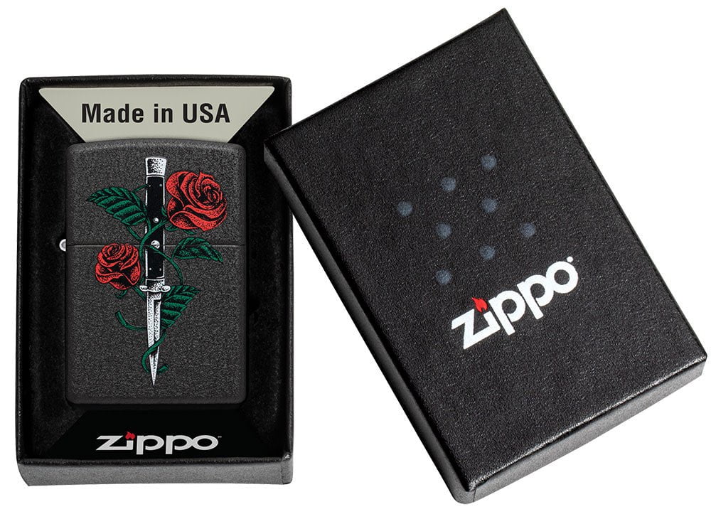 Rose Dagger Tattoo Design Black CrackleÂ® Windproof Lighter in its packaging.