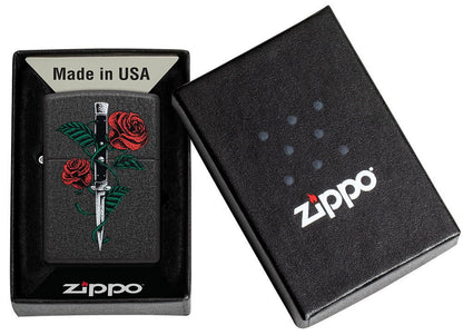 Rose Dagger Tattoo Design Black CrackleÂ® Windproof Lighter in its packaging.