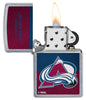 NHL® Colorado Avalanche Street Chrome™ Windproof Lighter with its lid open and lit