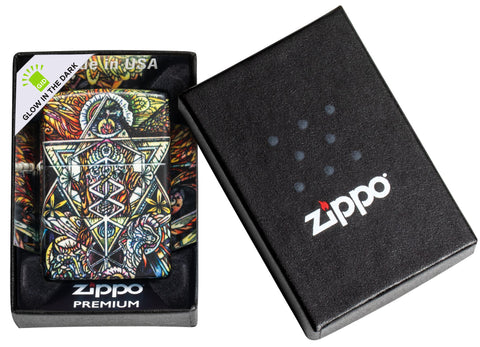 Abstract Psychedelia 540 Color Glow-In-The-Dark Windproof Lighter in its packaging