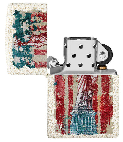Statue of Liberty Design Mercury Glass Windproof Lighter with its lid open and unlit.
