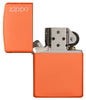 Front shot of Classic Orange Matte Zippo Logo Windproof Lighter with its lid open and unlit.