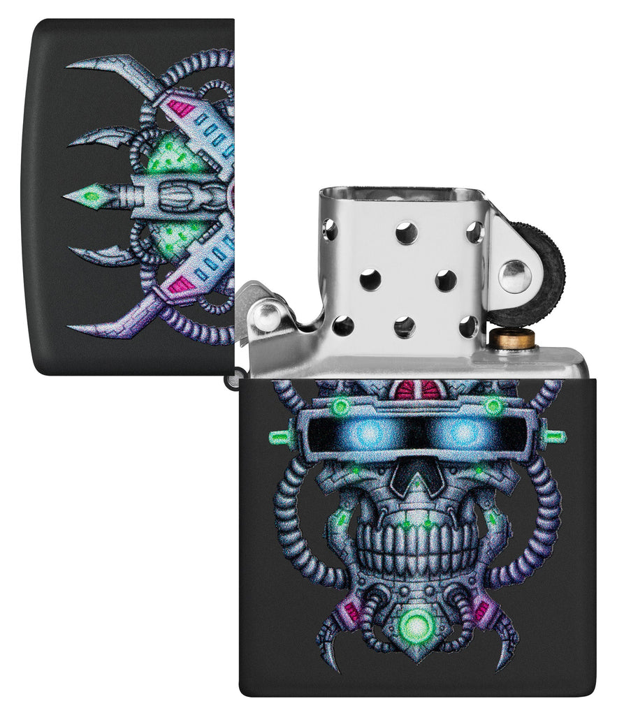Zippo Cyber Skull Design Black Matte Windproof Lighter with its lid open and unlit.