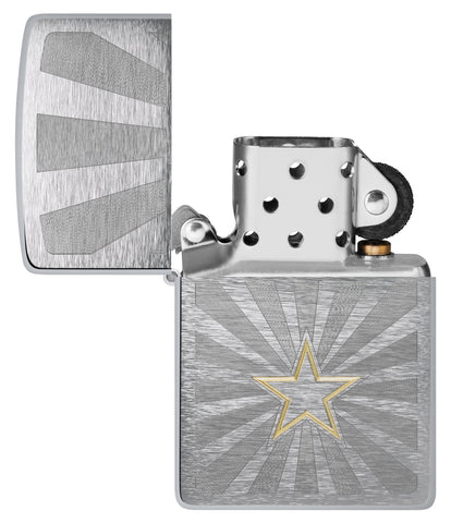 Zippo Star Design Brushed Chrome Windproof Lighter with its lid open and unlit.