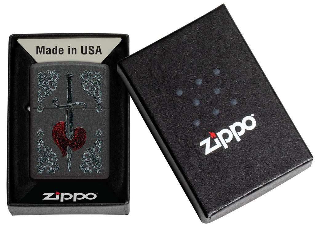 Zippo Heart Dagger Tattoo Design Black Crackle Windproof Lighter in its packaging.