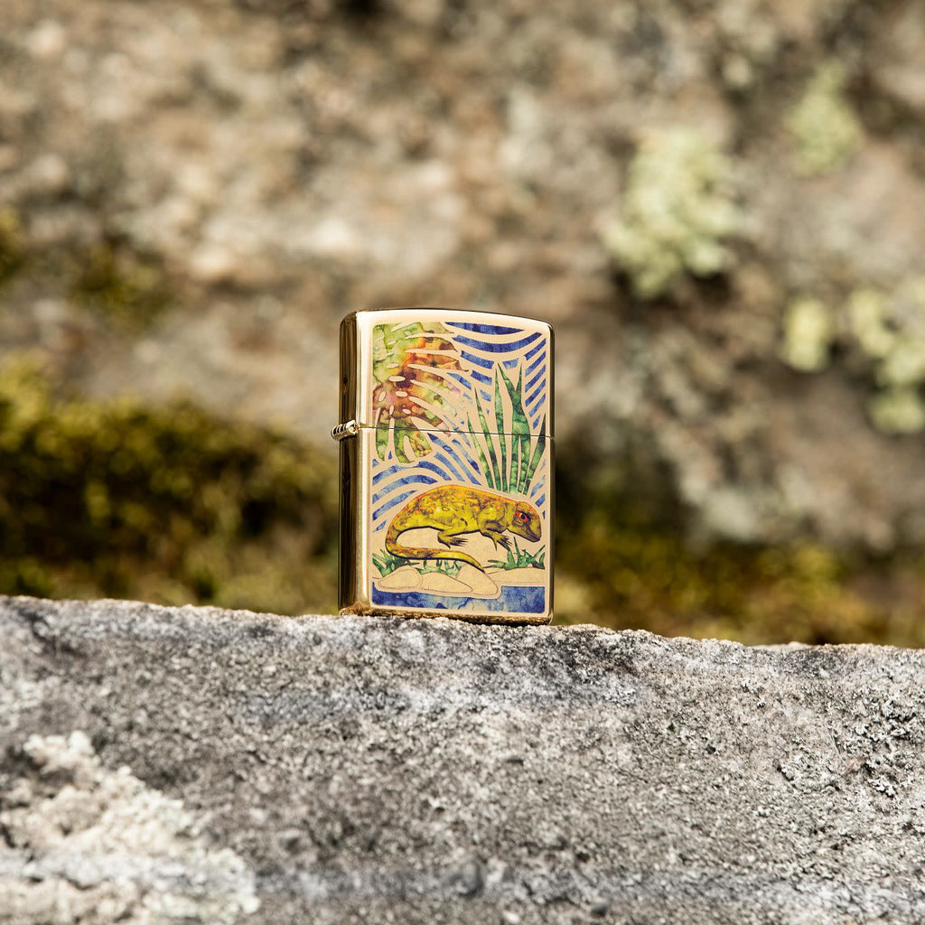 Lifestyle image of Lizard Fusion High Polish Brass Windproof Lighter standing on a rock.