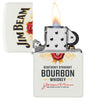 Jim Beam Label Logo White Matte Windproof Lighter with its lid open and lit.