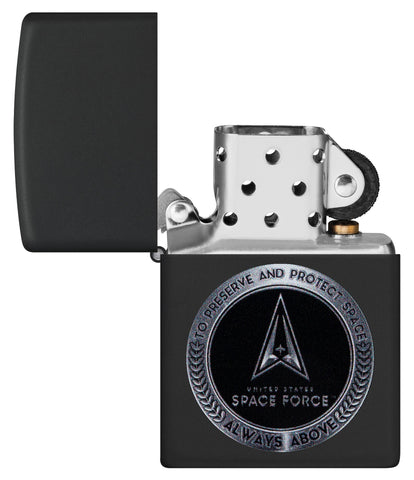 Zippo U.S. Space Force Design Black Matte Windproof Lighter with its lid open and unlit.