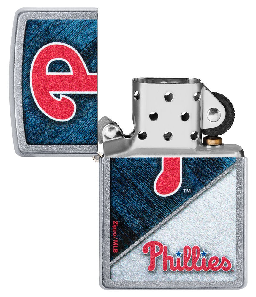MLB™ Philadelphia Phillies™ Street Chrome™ Windproof Lighter with its lid open and unlit.