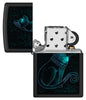 Zippo Black Light Spiritual Cat Design Black Matte Windproof Lighter with its lid open and unlit.