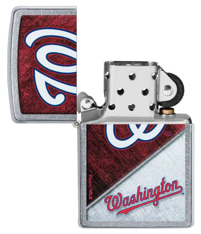 MLB™ Washington Nationals™ Street Chrome™ Windproof Lighter with its lid open and unlit.