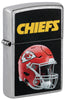 Front shot of NFL Kansas City Chiefs Helmet Street Chrome Windproof Lighter standing at a 3/4 angle.