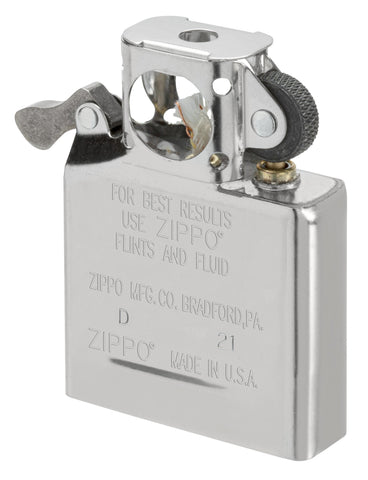 Zippo Stainless Steel Pipe Insert in a case (not included), lit in hand.