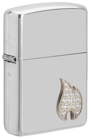 Front shot of Armor® Sterling Silver Flame Emblem Windproof Lighter standing at a 3/4 angle.