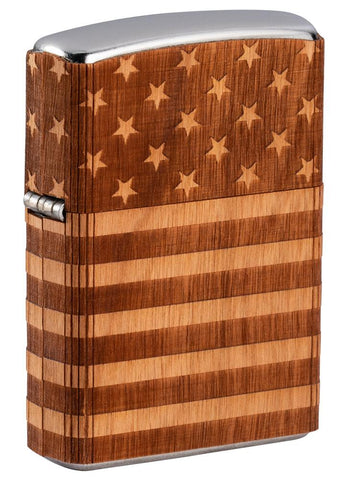 Front shot of WOODCHUCK USA American Flag Wrap Windproof Lighter standing at a 3/4 angle