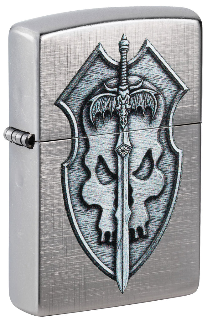 Front shot of Medieval Skull Crest Linen Weave Windproof Lighter standing at a 3/4 angle.