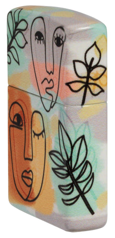 Angled shot of Abstract Faces Design 540 Color Windproof Lighter, showing the back and hinge side of the lighter.