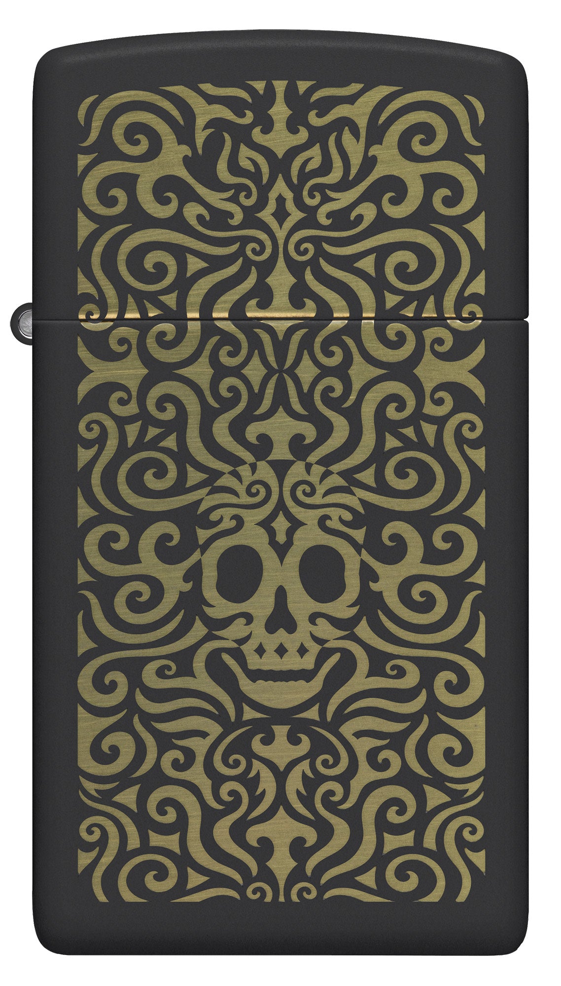 Front view of Zippo Skull Filigree Design Slim Black Matte Windproof Lighter.