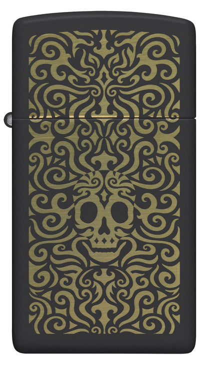 Front view of Zippo Skull Filigree Design Slim Black Matte Windproof Lighter.