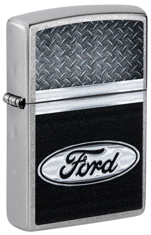 Front shot of Ford Logo Diamond Plate Metal Design Street Chrome Windproof Lighter standing at a 3/4 angle.