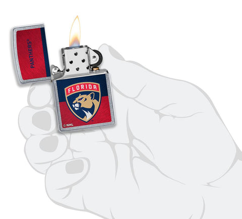 NHL® Florida Panthers Street Chrome™ Windproof Lighter lit in hand