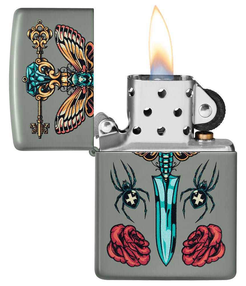 Zippo Gothic Dagger Design Sage Pocket Lighter with its lid open and lit.