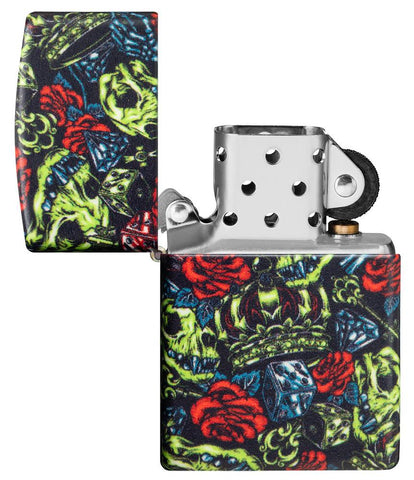 Skull Crown Glow-In-The-Dark 540 Color Windproof Lighter with its lid open and unlit.