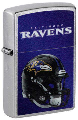Front shot of NFL Baltimore Ravens Helmet Street Chrome Windproof Lighter standing at a 3/4 angle.
