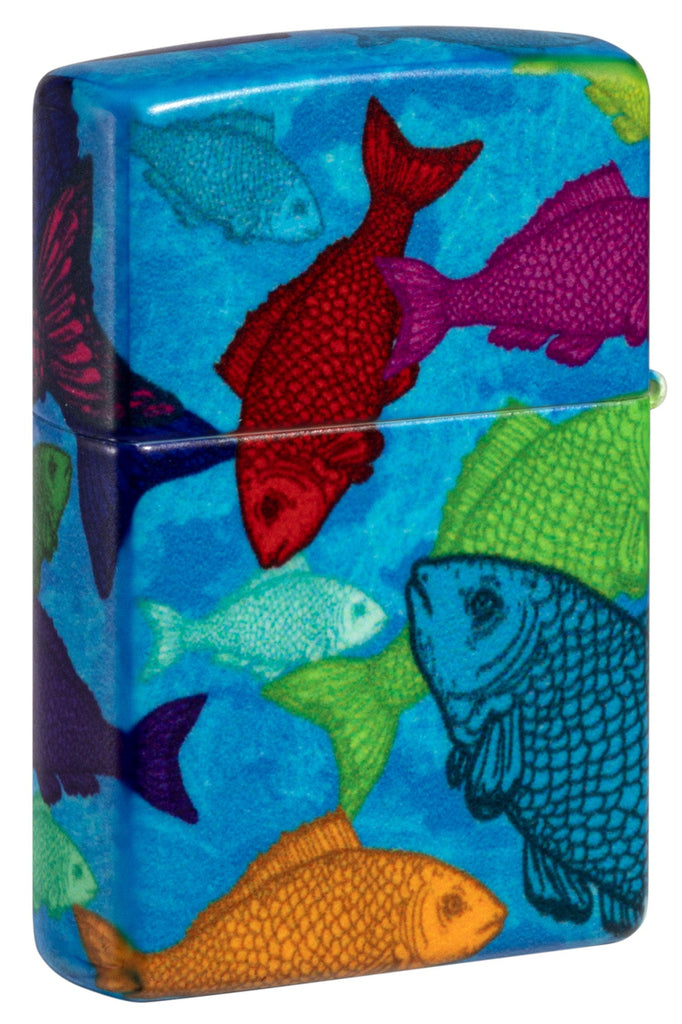 Fishy Design 540 Color Windproof Lighter with its lid open and lit.