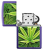 Cannabis Design Texture Print Leaf Purple Matte Windproof Lighter with its lid open and unlit.