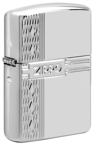 Front shot of Armor® Sterling Silver Zippo Diamond Design Windproof Lighter standing at a 3/4 angle