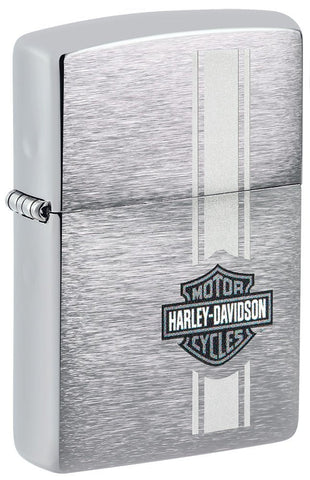 Front shot of Harley-Davidson® Bar and Shield Brushed Chrome Windproof Lighter standing at a 3/4 angle.