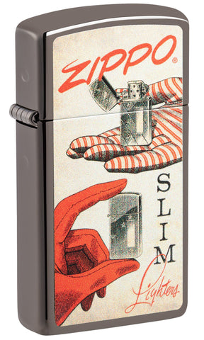 Front shot of Vintage Design Slim Black Ice Windproof Lighter standing at a 3/4 angle.