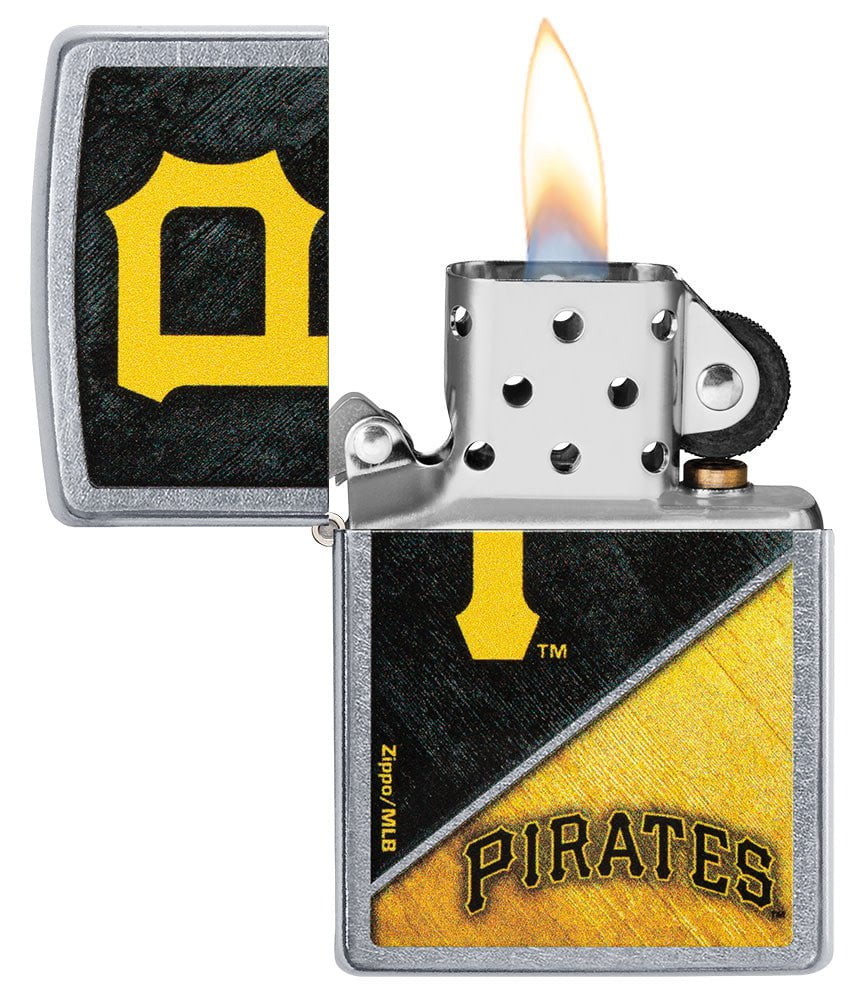 MLB® Pittsburgh Pirates™ Street Chrome™ Windproof Lighter with its lid open and lit.
