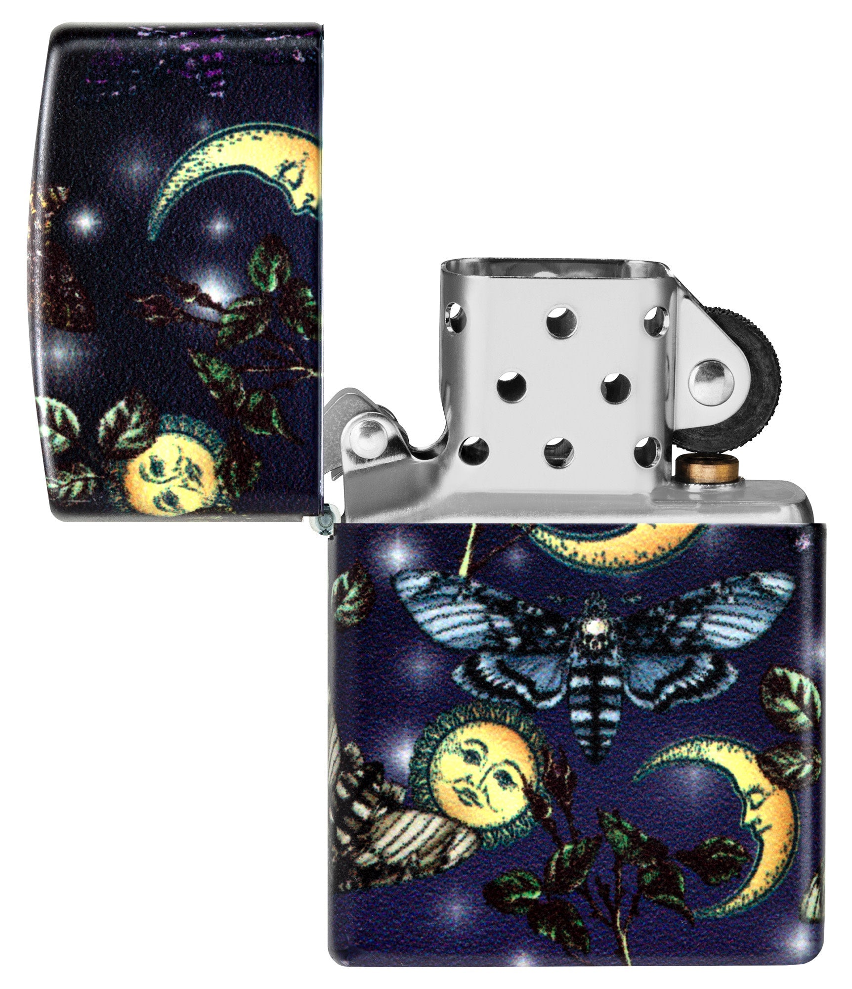 Butterfly Skull Design 540 Color Windproof Lighter with its lid open and unlit.