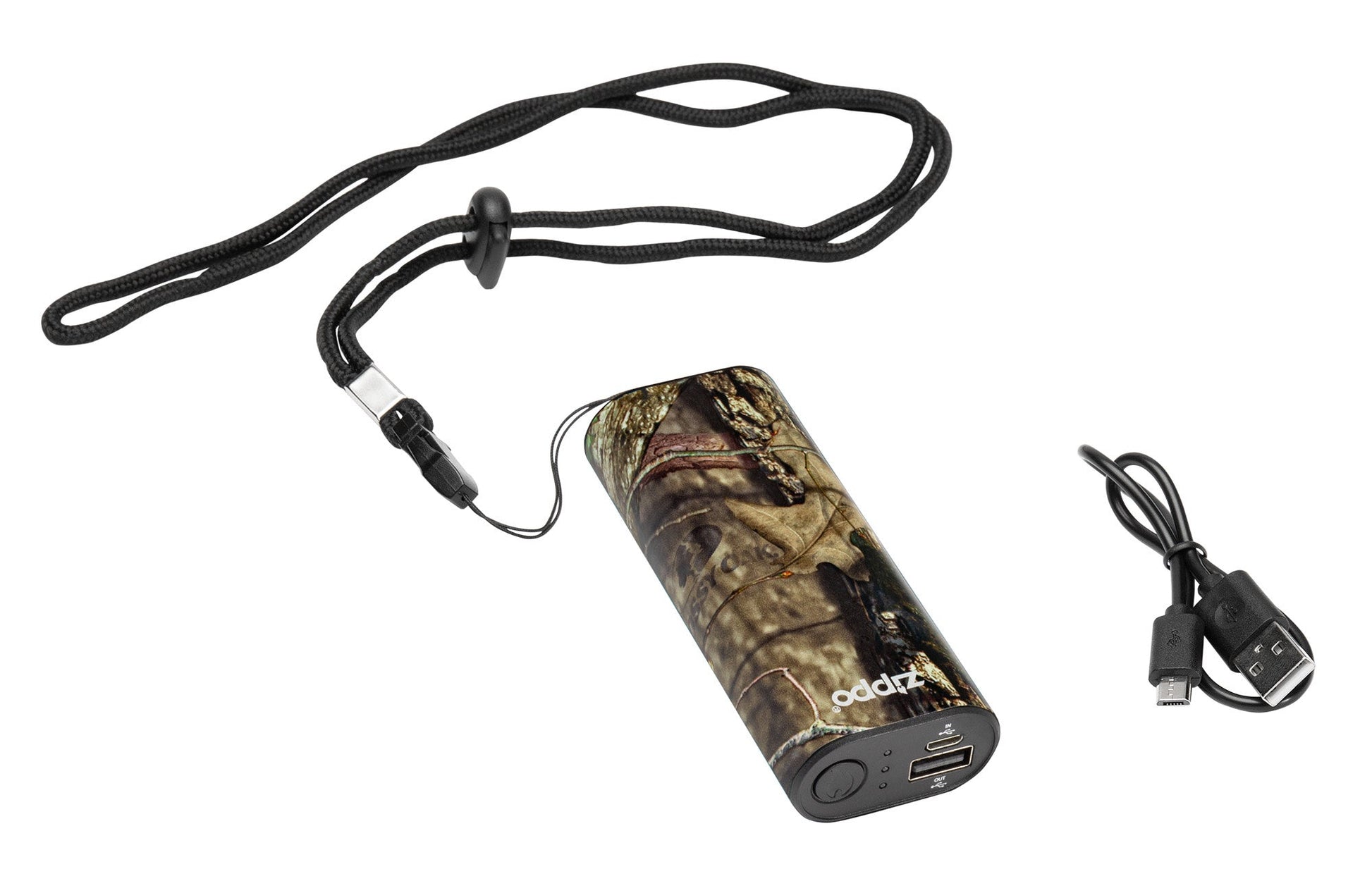 Mossy OakÂ® Break-Up CountryÂ® HeatBankÂ® 6 Rechargeable Hand Warmer laying flat, showing the included lanyard and power cord.