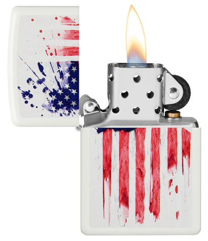US Flag Design White Matte Windproof Lighter with its lid open and lit.