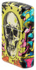 Angled shot of Zippo Trippy Skull Design Glow in the Dark 540 Color Windproof Lighter showing the front and right side of the lighter.