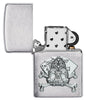 Card Skull Emblem Design Windproof Lighter with its lid open and unlit