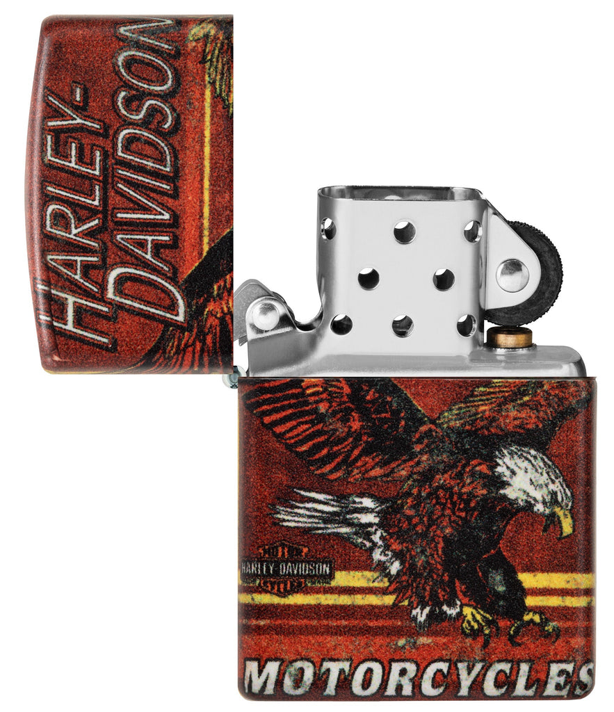 Zippo Harley-Davidson Eagle 540 Color Windproof Lighter with its lid open and unlit.