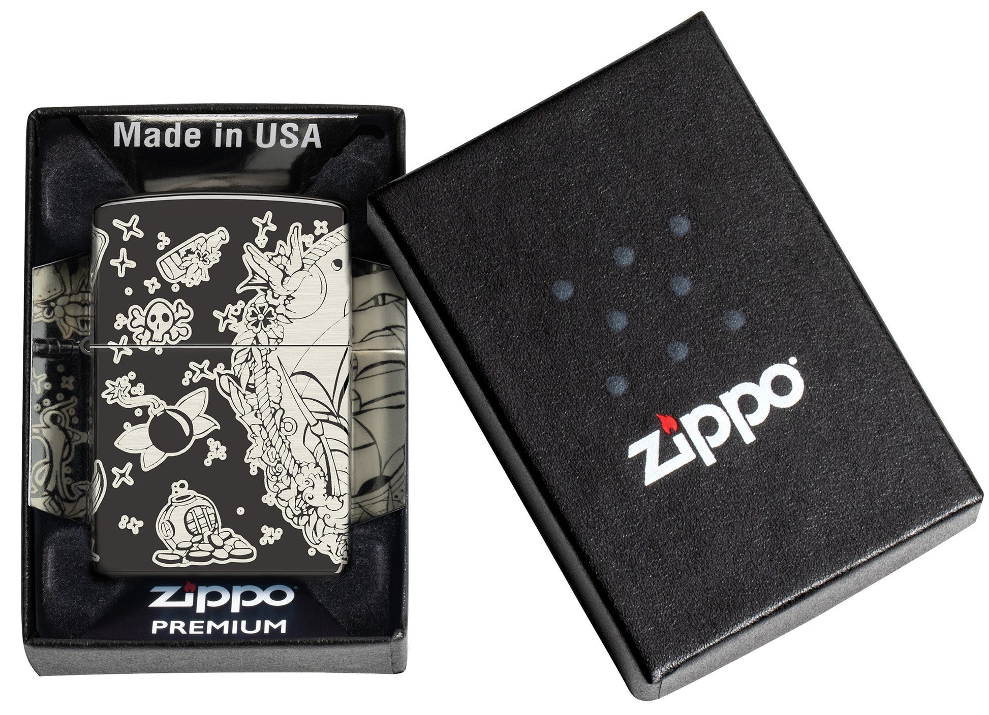 Laser 360Â° Pirates Treasure Design High Polish Black Windproof Lighter in its packaging.