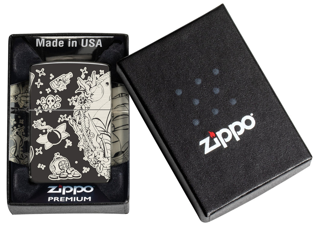 Laser 360° Pirates Treasure Design High Polish Black Windproof Lighter in its packaging.