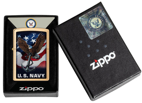 Zippo U.S. Navy Eagle Anchor & Flag Brushed Chrome Windproof Lighter in its packaging.